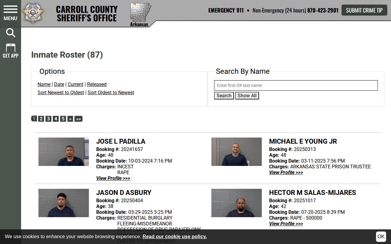 Carroll County Sheriff official inmate roster search controls