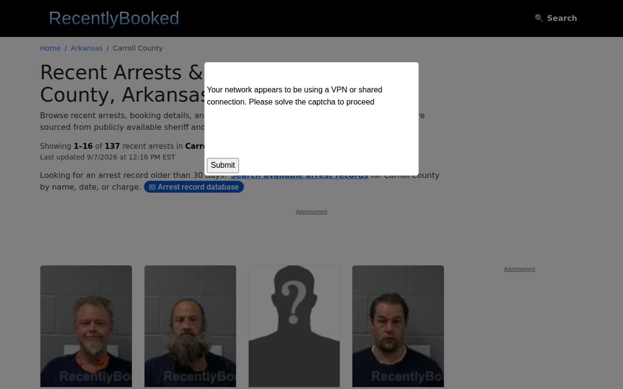 RecentlyBooked private Carroll County page interface